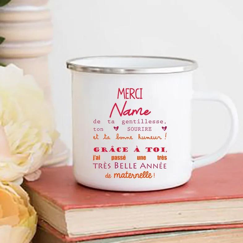 Personalised Custom Name Mug Merci Maitresse Coffee Cups Drinks Water Cup Enamel Mugs School Home Handle Drinkware Teacher Gifts