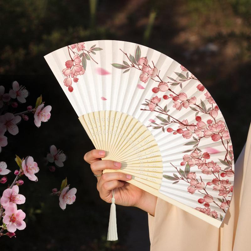 Ventilador Portátil de Mão Dobrável Estilo Chinês Adereços de Dança Ventilador de Concha Retrô Mulher Homem Madeira de Bambu Seda Flor Ventilador Dobrável