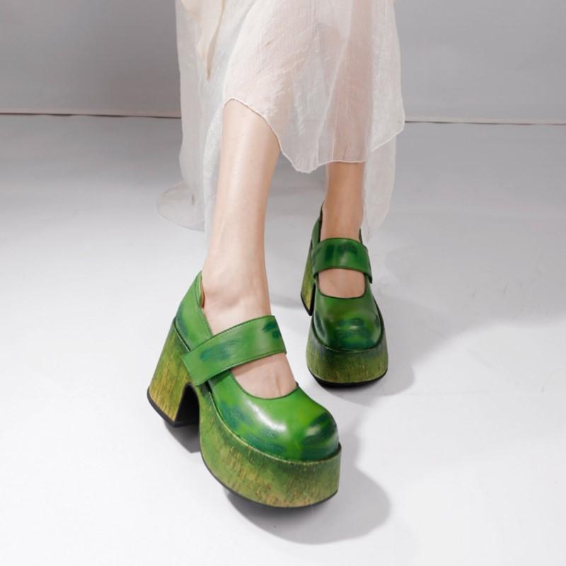 Johnature Zapatos de plataforma de mujer de moda versátiles poco profundos con punta redonda y tacones gruesos de cuero genuino retro