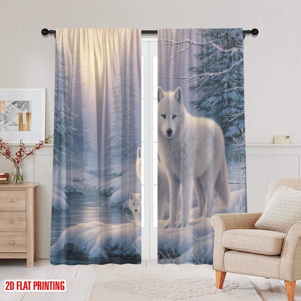 Set Of 2 Flat Printing Curtains Winter Wolf Pack Snow Digital Printed Polyester Drapes Festive Portraits Curtain