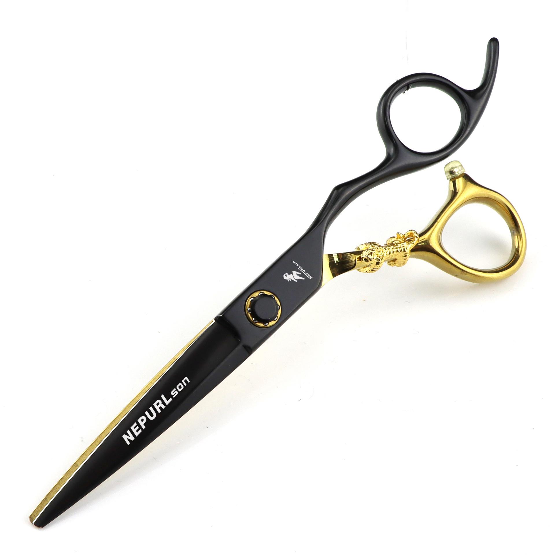 6.0 Napsen Black & Gold Hairdressing Scissors - Straight & Thinning Shears (Little Gold Tiger Design)