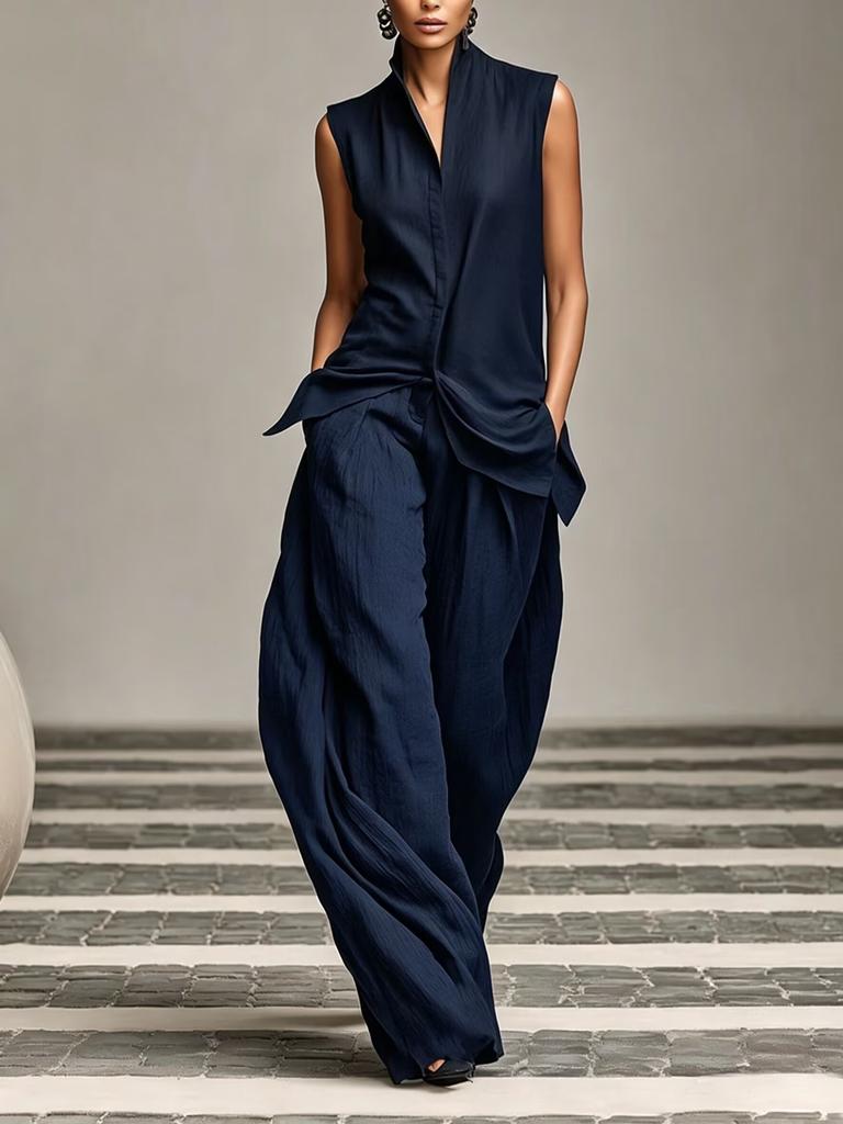 1116 European and American new solid color stand-up collar sleeveless casual top and loose trousers women's clothing
