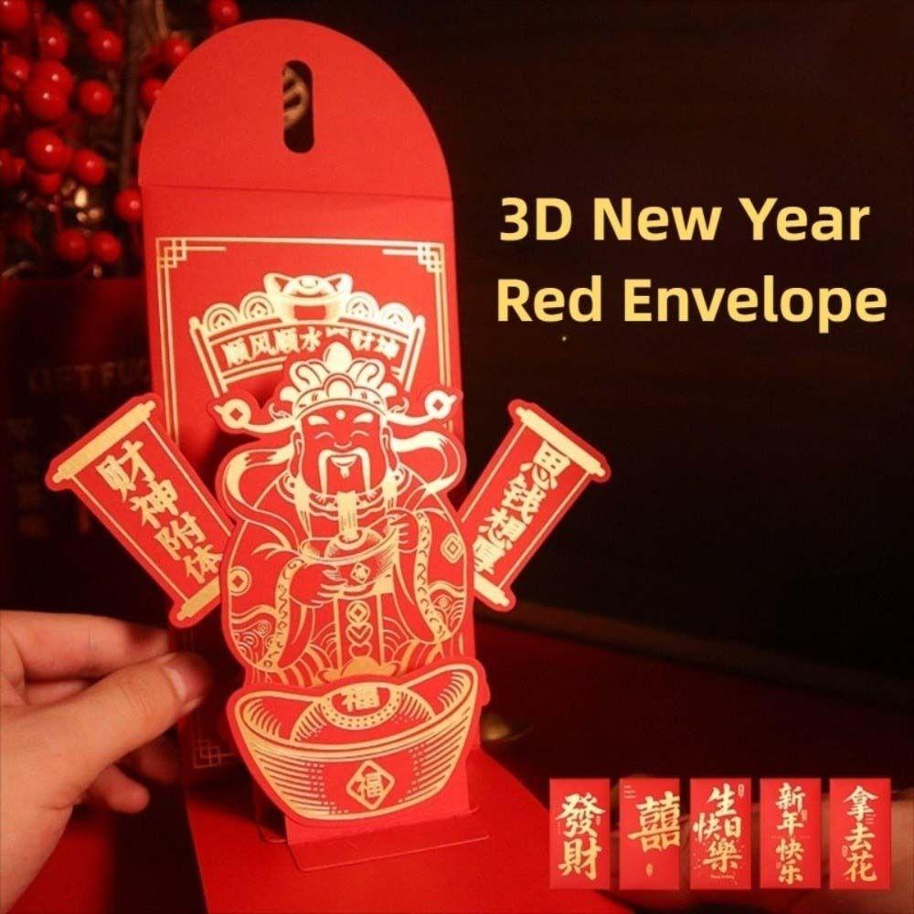 3D New Year Red Envelope Hongbao Best Wishes Money Packets Creative Tranditional Lucky Red Pocket Birthday Celebration
