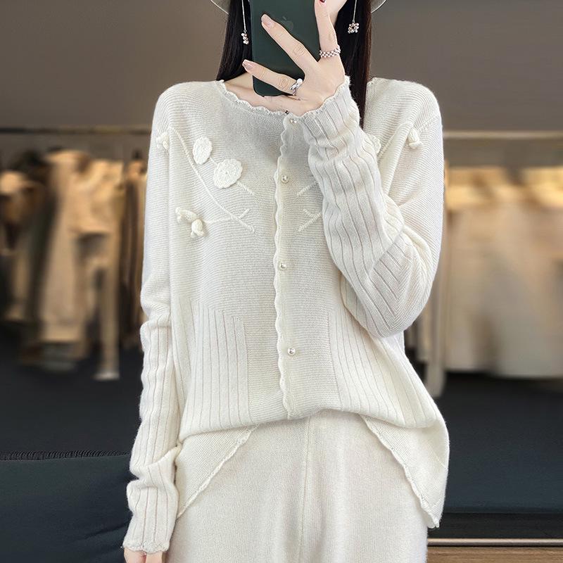 Women's Embroidered Round Neck Cardigan - Pure Wool Knitwear, Stylish Floral Long Sleeve Sweater for Autumn/Winter