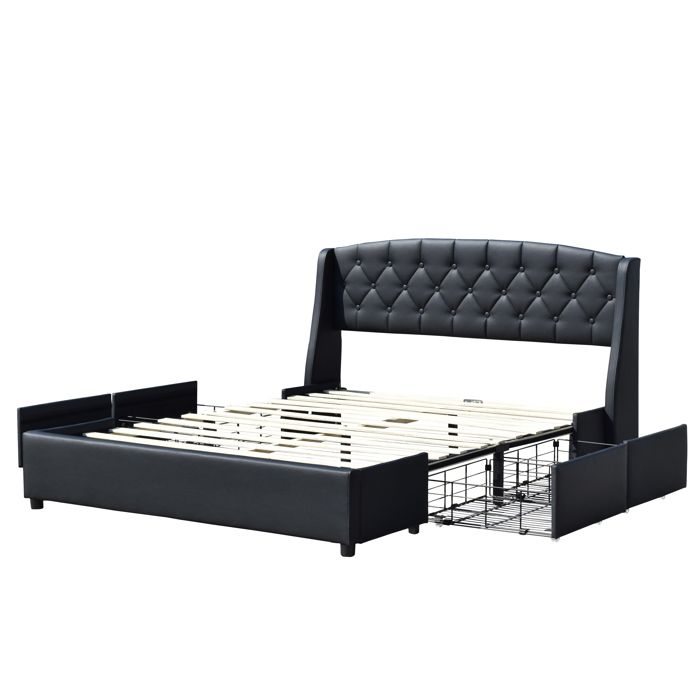 Iris - Solide et Confortable Lit 140x190 avec Sommier avec 4 tiroirs Tete de lit Couleur NOIR Pieds en 4 cm - 2