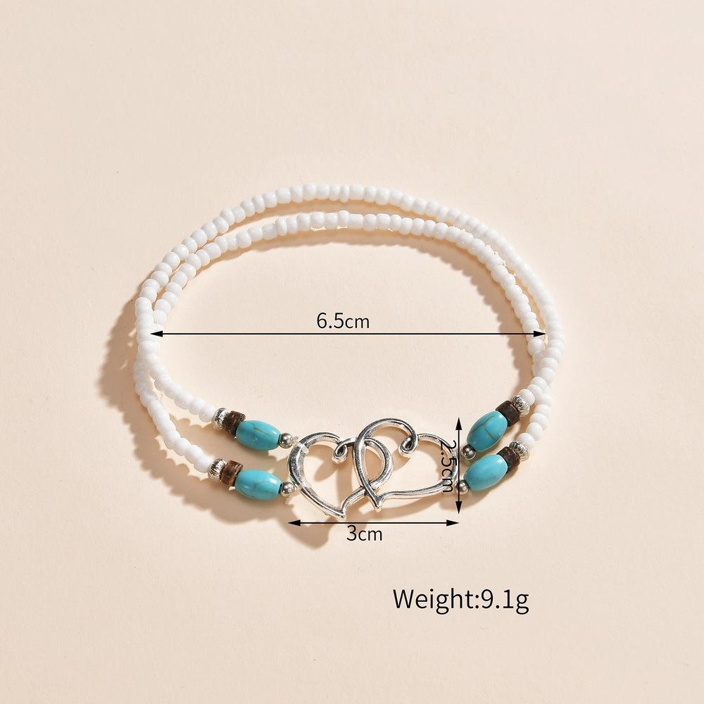 Bohemia Layered Beaded Anklet For Women Hollow Double Heart Charm Ankle Bracelet Summer Beach Vacation Foot Jewelry Gift