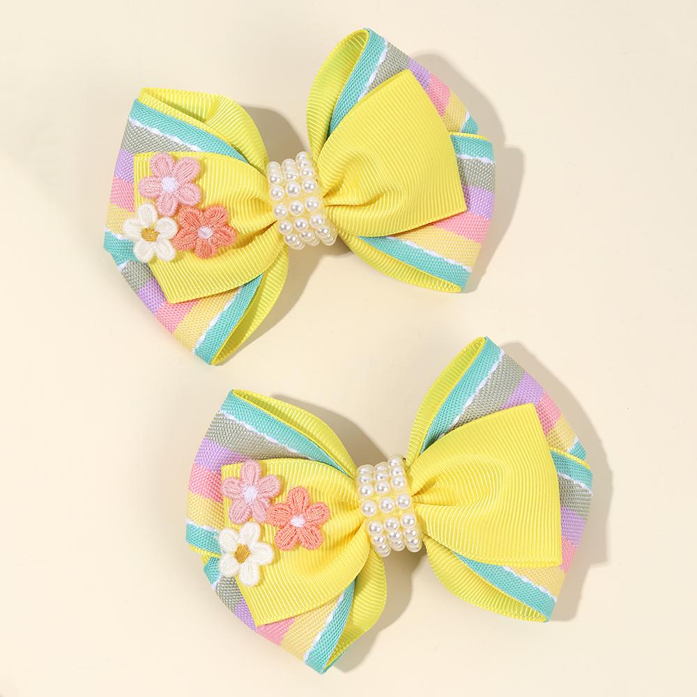 2pcs Cute Rainbow Pearl Little Flower Hair Clips for Girls , Alligator Clips with Thread Woven Ribbon Hair Accessories Headwear
