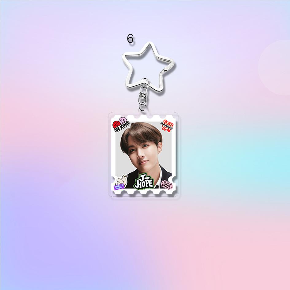 7pcs BTS Cute  Stamp Style Keychain, Bangtan Boys Photo Keyring with Star Clasp, Kpop ARMY Fans Bag Charm