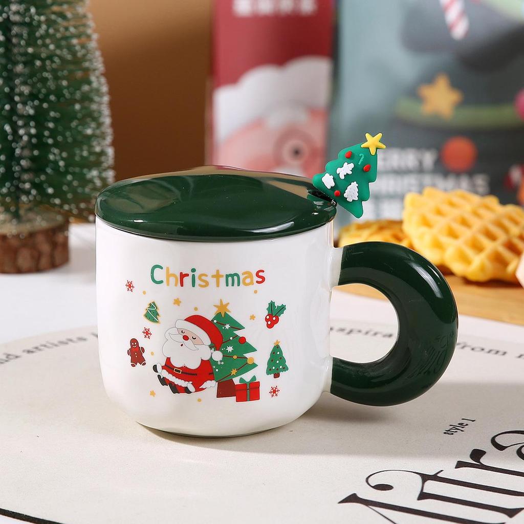 Santa Claus Ceramic Christmas Mug with Lid & Spoon - Cute Cartoon Design