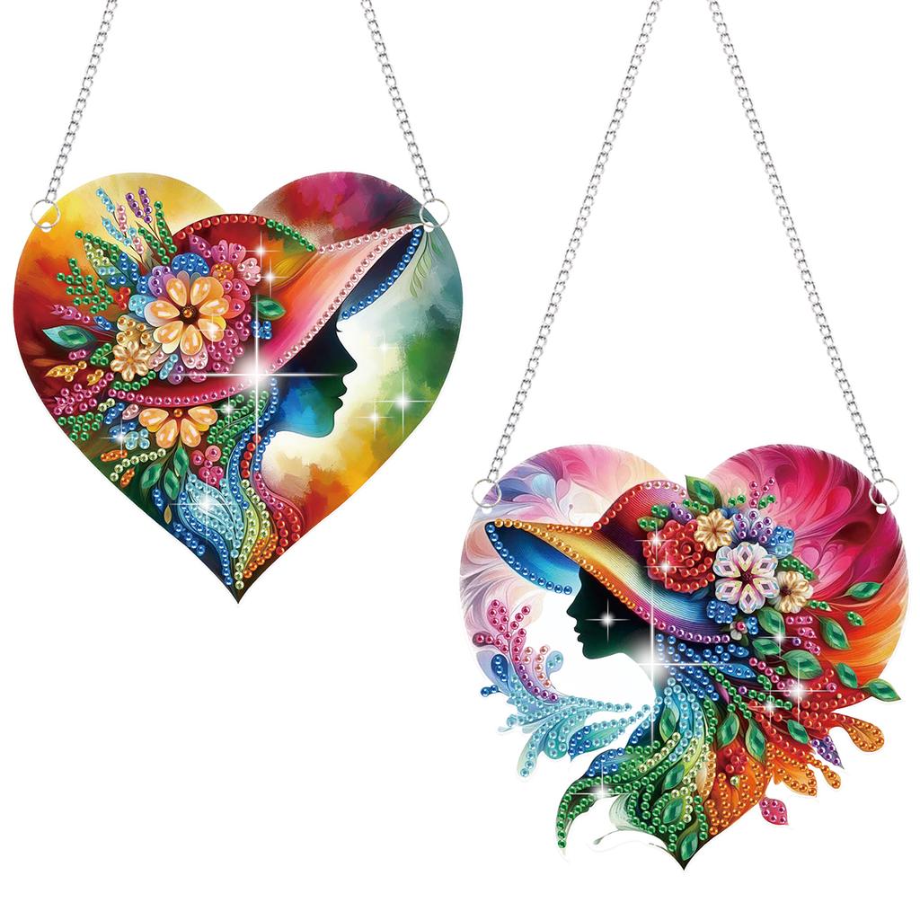 2Pcs Girl Theme 2D/Flat DIY Rhinestone Diamond Art Window Pendants Crystal Painting Ornament Window Hanging Art for Home Decor