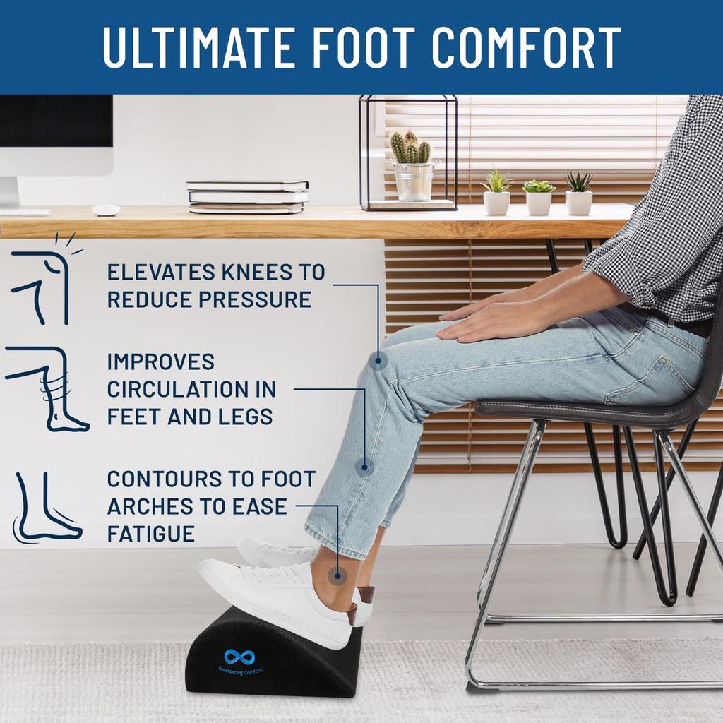 Everlasting Comfort Under-Desk Foot Rest, Memory Foam with Removable Cover, Perfect for Home Offices and Long Desk Work (Black)