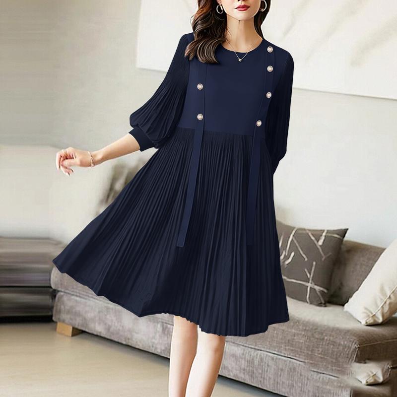 ZANZEA Women Casual Round Neck Summer 3/4 Sleeve Pleated Dress