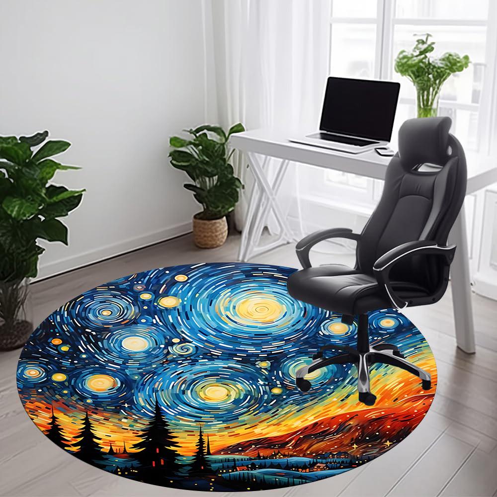 1PC Starry Night Landscape Office Round Area Rug, Mat Suitable ForOffice, Under Office Chairs Bedroom Living Room Home Decor, Room Deco