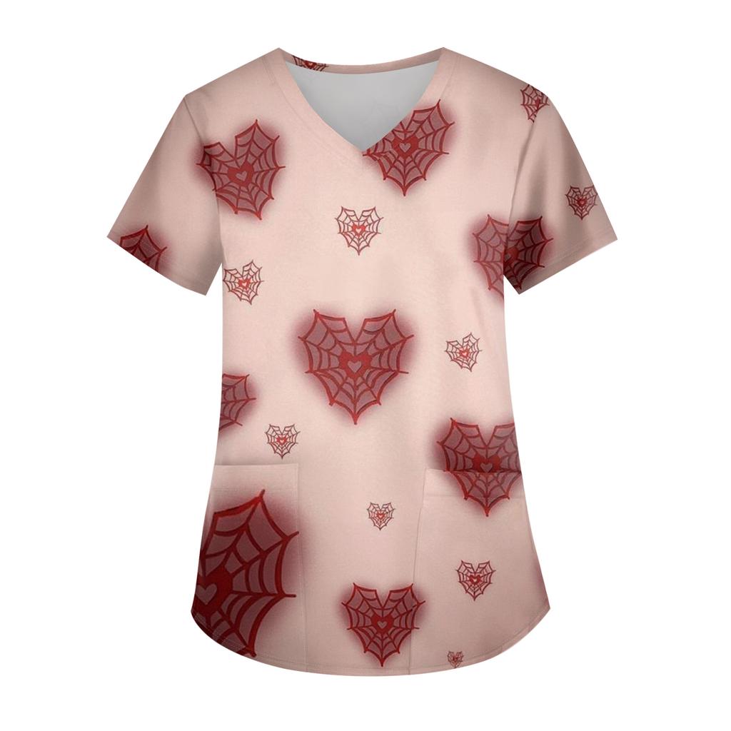 Ladies' Valentine's Day Printed Fashionable V-neck Pocket Short Sleeved Uniform And Caregiver Top