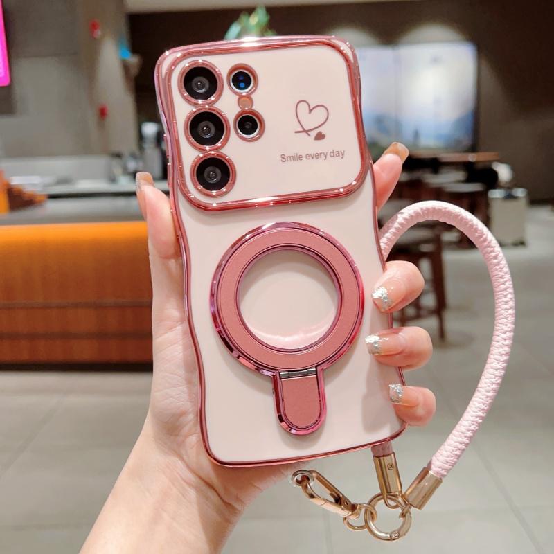 Wavy Frame Wrist Strap Phone Case for Samsung Galaxy S22 S23 S24 S25 Ultra Plus Edge A55 A54 A56 A36 A24 Silicone Soft Protective Cover Magnetic Stand