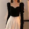 Retro French Puff Sleeve Square Neck Slim Fit Black Top for Women