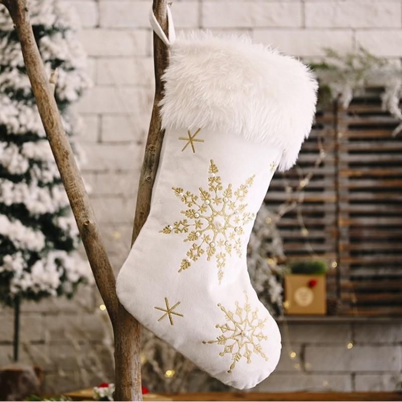 Christmas Plush Stocking With Pearl Snowflake Festive Hanging Decor Holiday