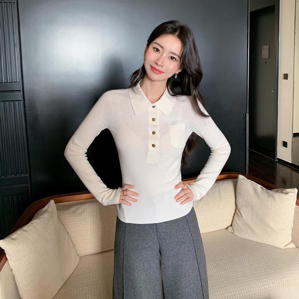 2025 Autumn Women's Fine Knit Wool Polo Collar Sweater, Half-Buttoned, Slimming Fit