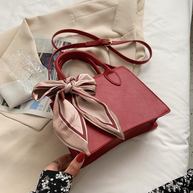 Red Women Wedding Handbag Large Capacity Scarves Decor Pu Leather Female Crossbody Bag High Grade Textured One Shoulder Bag