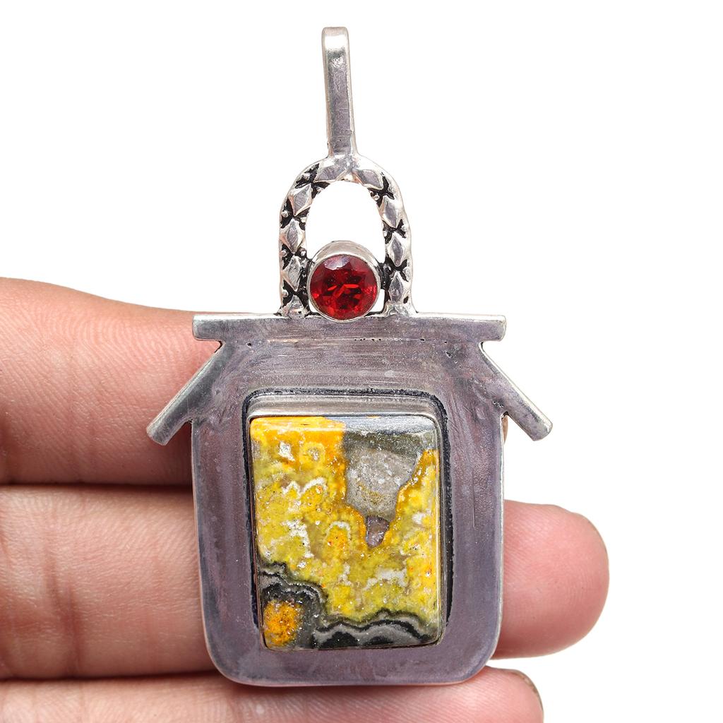 Bumble Bee Jasper London Blue Topaz Gemstone Silver Jewelry Pendant 2.5"