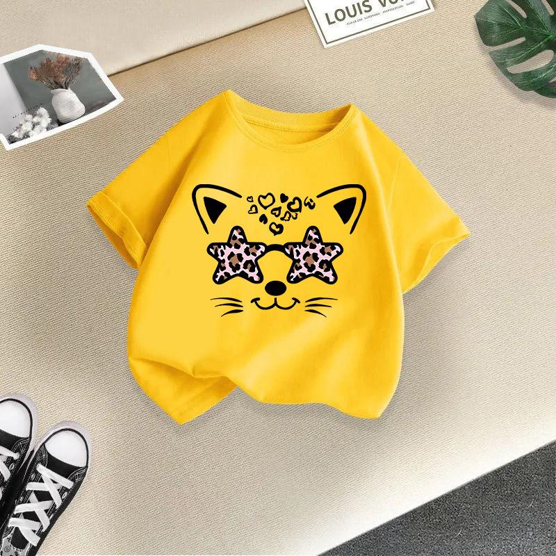 Jungen T-Shirt 2-13J Kinder Niedliches Katze Bedrucktes T-Shirt Mädchen T-Shirt Kinder 100% Baumwolle Kleidung T-Shirt Oberteile Tee