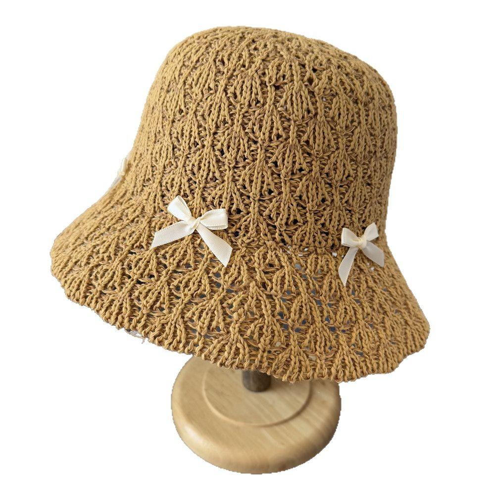 Bow straw hat girls sweet and cute bucket hat spring and summer travel seaside sunscreen hat