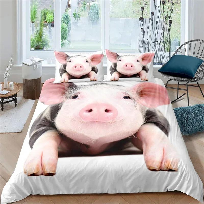 Farm Animal Duvet Cover Kawaii Pig Bedding Set Polyester Pigs Floral Comforter Cover Twin King For Teen Boy Girl Gift Room Decor