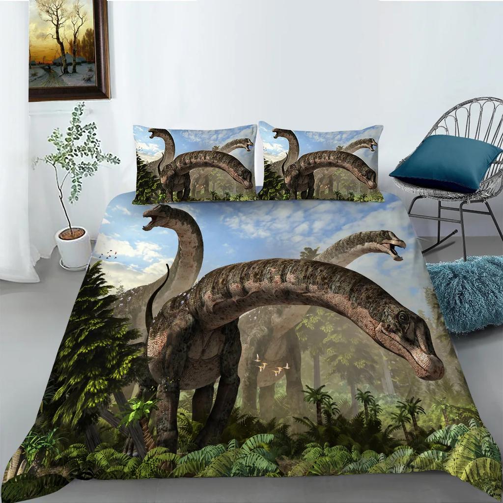 Jurassic Dinosaur Duvet Cover King Queen Huge Brown Triceratops Tyrannosaurus Diplodocus Polyester Bedding Set For Boys