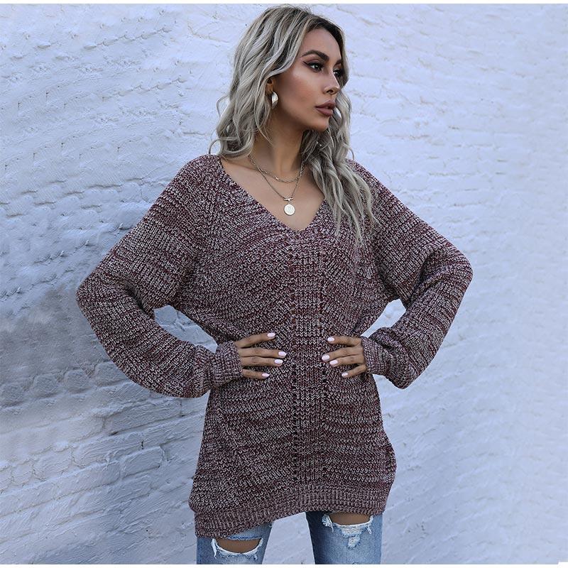 Autumn Winter Sweater Ladies Pullover V-neck Long Sleeve Mid-length Black Luxury Women's Sweaters