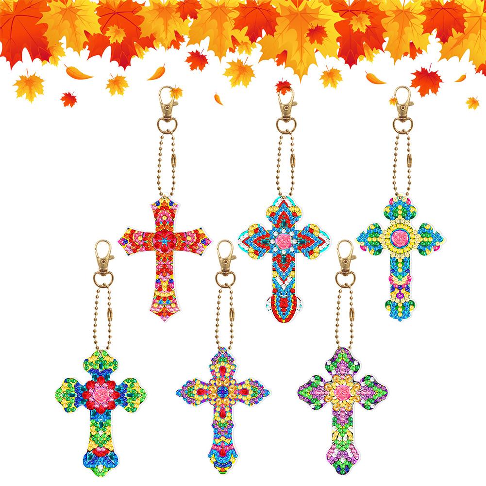 6pcs Cross Gem Keychains Diamond Mosaic Kit DIY Special Shaped Drill Keychains Rhinestone Pendant Double Sided Lady Bag Pendant