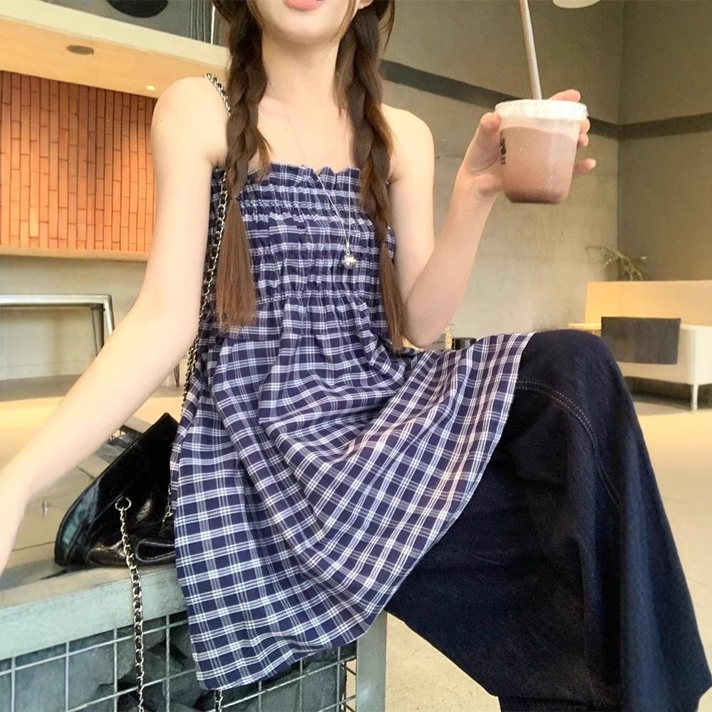 Korean Retro Checkered Bandeau Tank Dress A-Line Midi Skirt for Summer
