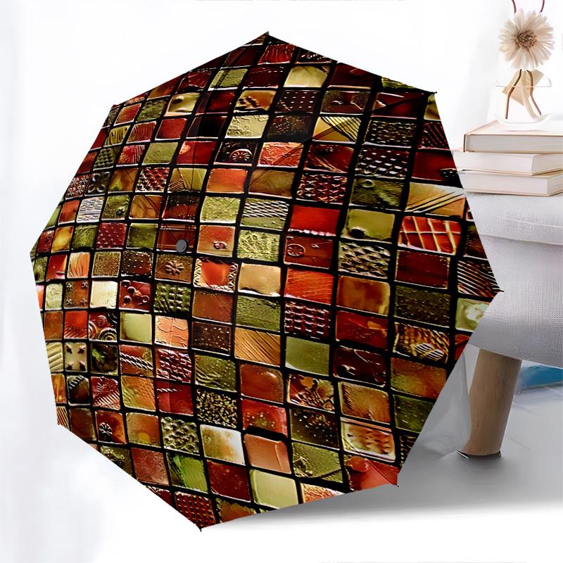 Mosaic Tiles Themed Automatic Opening and Closing Umbrella, Brightly Colored 8-rib Portable Umbrella, Suitable for Men and Women, A Perfect