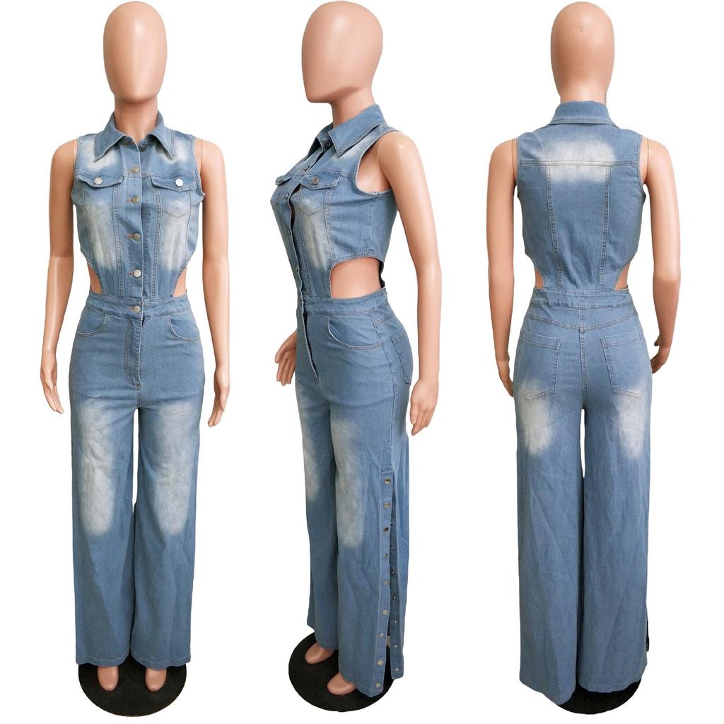 Slim Fit Elastic Washed Denim Jumpsuit