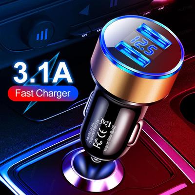 Dual USB Car Charger with LED Display, Aluminum Alloy, Cigarette Lighter Adapter, Fast Charging, Multi-Function.