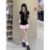 Collegiate style sweet and spicy fake two-piece dress summer petite American polo collar uniform slim pleated short skirt