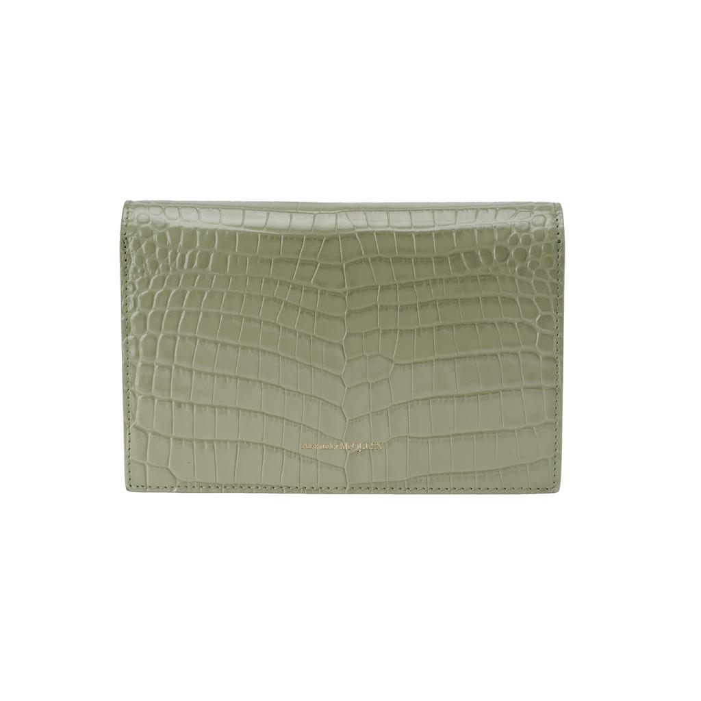 New Alexander McQueen Embossed Crocodile Pattern Cow Leather Crossbody Bag, Shoulder Bag Trumpets Women's Green 613088-1HB0G-3847