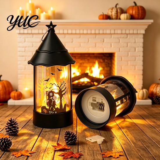 Battery Operated Candle Halloween Witch Hat Lantern, Vintage Spooky Castle Grim Reaper Pumpkin Scarecrow Tabletop Holiday Decor Table Lamp, Flickering