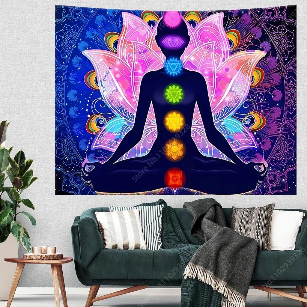 7 Chakras Tapestry Yoga Meditation Wall Hanging Lotus Mandala Art for Studio Bedroom Spiritual Healing Decor