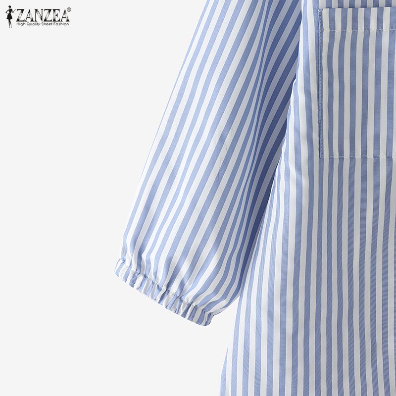 ZANZEA Women Casual Turn Down Collar 3/4 Sleeve Loose Stripe Blouse