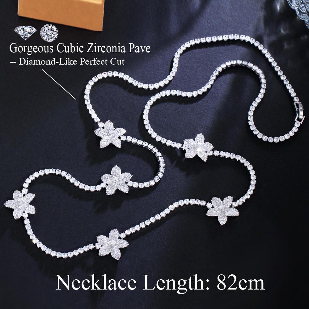 Chic Round Gorgeous Fashion Jewelry Cubic Zirconia Flower Chain Link Long Sweater Tennis Necklace for Women Bridal Party