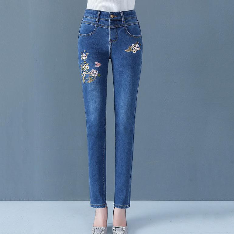 

Эластичные джинсы с высокой талией, женские весенне-осенние универсальные узкие длинные джинсовые брюки большого размера, повседневные брюки с вышивкой 26 синий