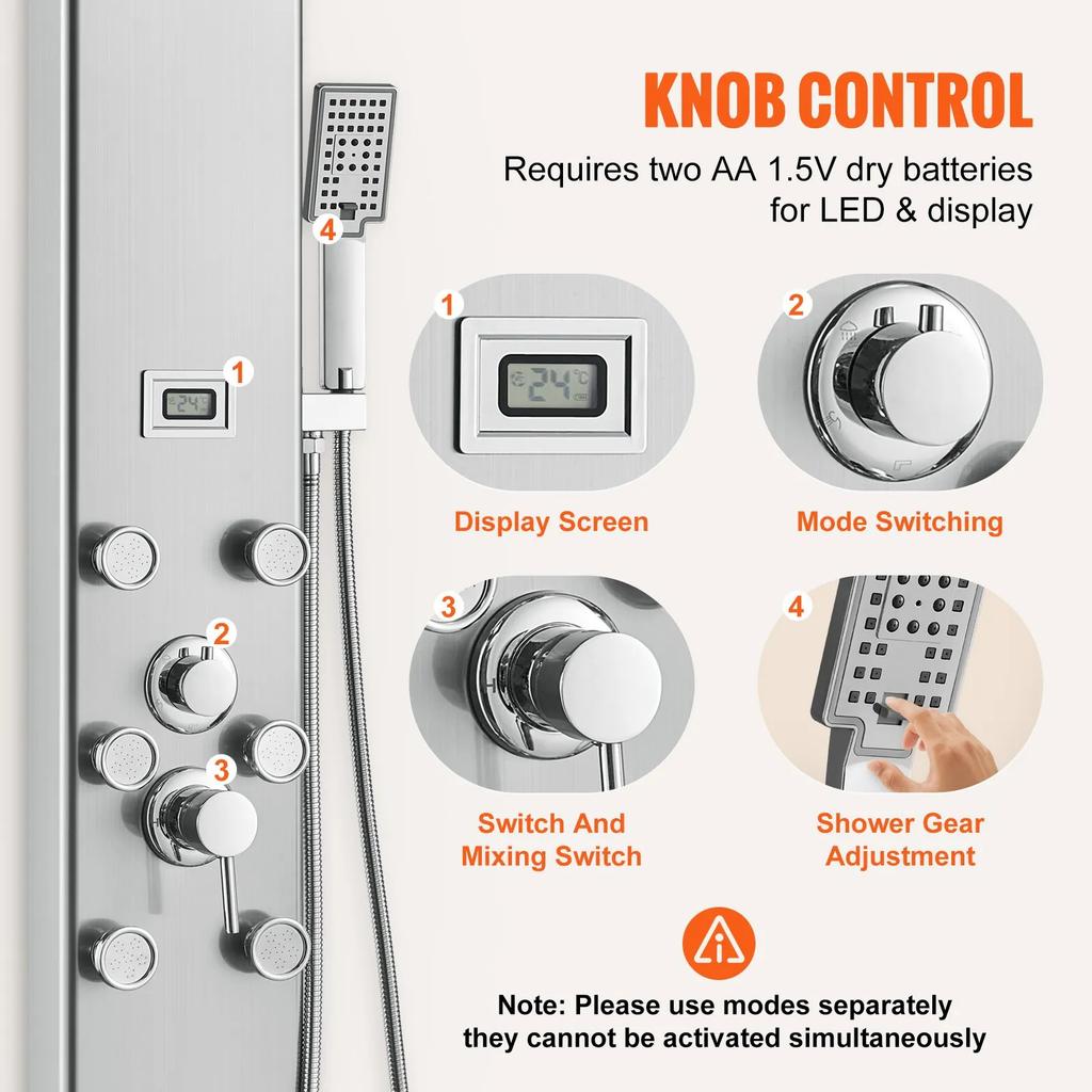 VEVOR Shower Panel System, 6 Shower Modes, Digital Display Shower Panel Tower, Rainfall, 8 Massage Jets, Tub Spout