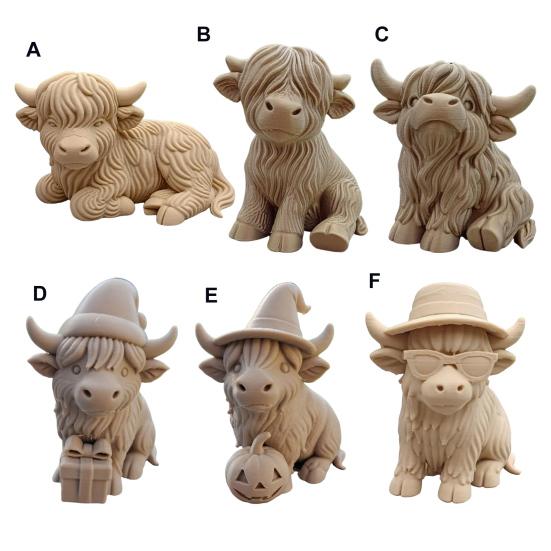 Highland Cow Home Bonsai Decor Mini Cow Figurine with Cowboy Hat 3D Printed Realistic Texture Halloween Ornament