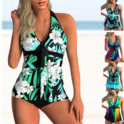 Novo Fato de Banho Sexy Feminino Decote V Profundo Verão Tamanho Grande Conjuntos Tankini Estampado Sem Costas Halter Duas Peças Fato de Banho Roupa de Praia Vestido de Banho