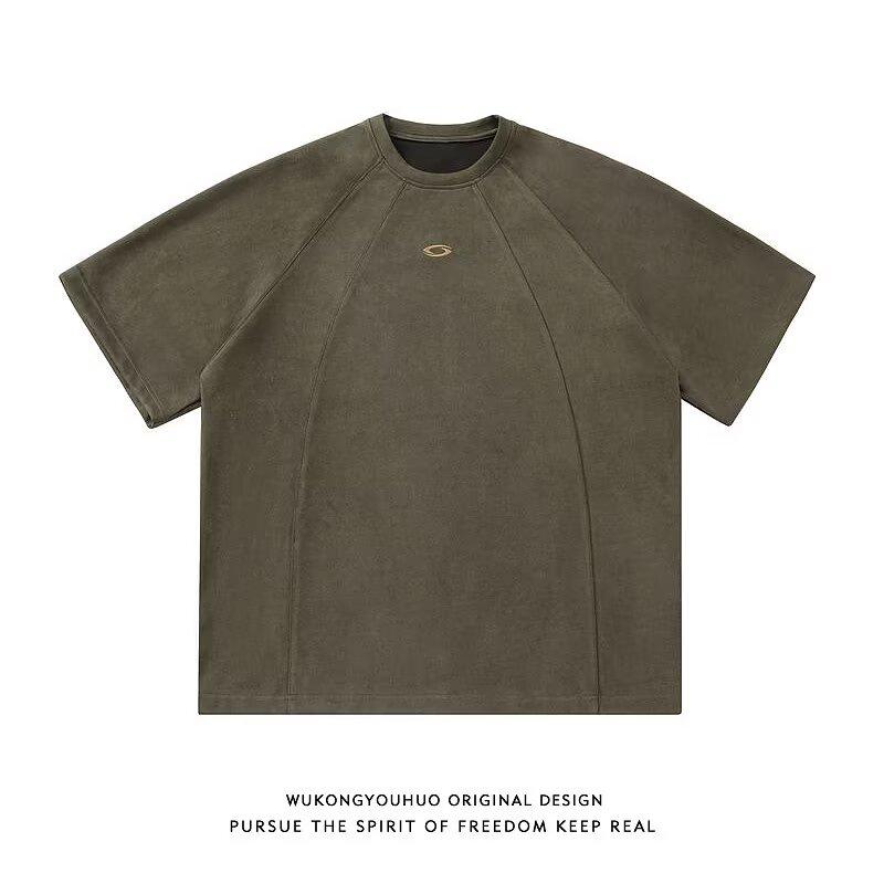 HTTAOSUP American Niche Design Suede с коротким рукавом, мужская и женская летняя свободная универсальная футболка для пар M армия зеленый