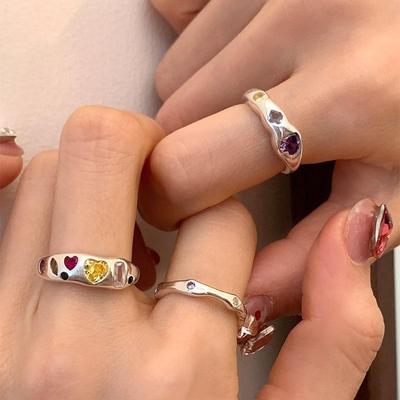 Women's French Retro Romantic Colorful Heart Zircon Adjustable Ring