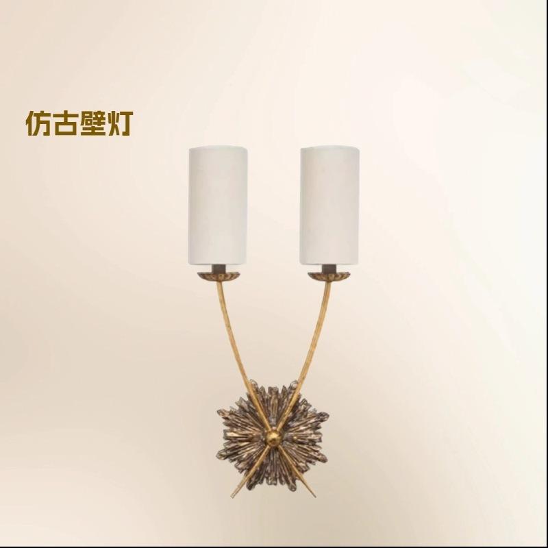 French retro wood carving floral living room wall lamp fabric lampshade old bedroom bedside lamp TV background wall wall lamp