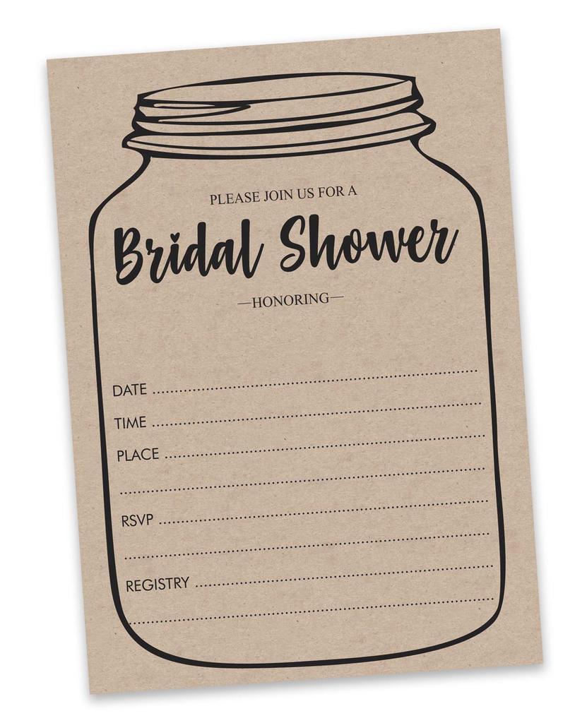 Inkdotpot 30A  Rustic Kraft Mason JarA  Fill-In Style Bridal Shower Invitations Wedding Blank