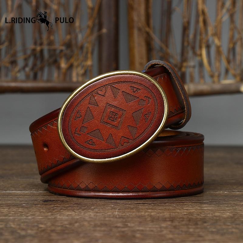 Retro Laser-engraved Pattern Trendy and Versatile Smooth Buckle Genuine Top-grain Cowhide Leather Belt for Men