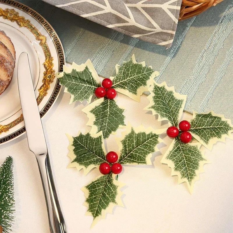 Christmas Holly Leaves Artificial Red Berry Flowers DIY Christmas Wreath Decoration Home Christmas New Year Decoration